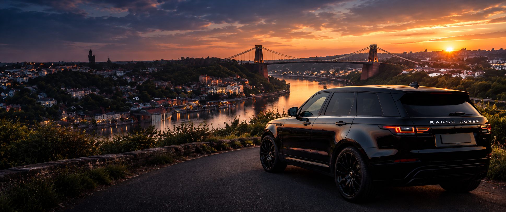 Mobile window tinted Range Rover overlooking Clifton Suspension Bridge, Bristol at sunset